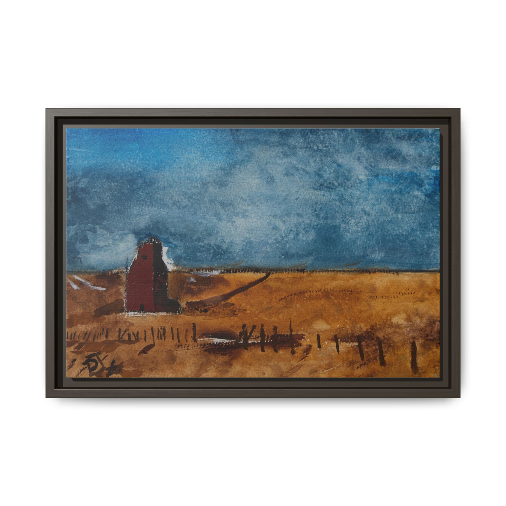 "Red Barn in Golden Fields" - Framed Matte Canvas Wall Art