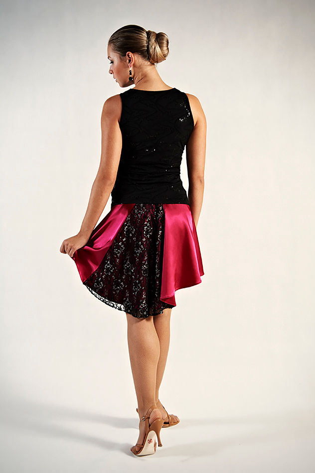 Satin pink salsa tango black lace asymmetric skirt