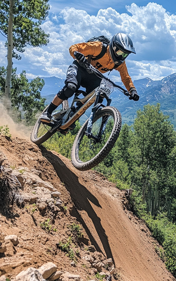 Mountain biker in orange gear jumps off a dirt trail. Bright day with blue sky and clouds. Forested mountains of Park City visible in the background.