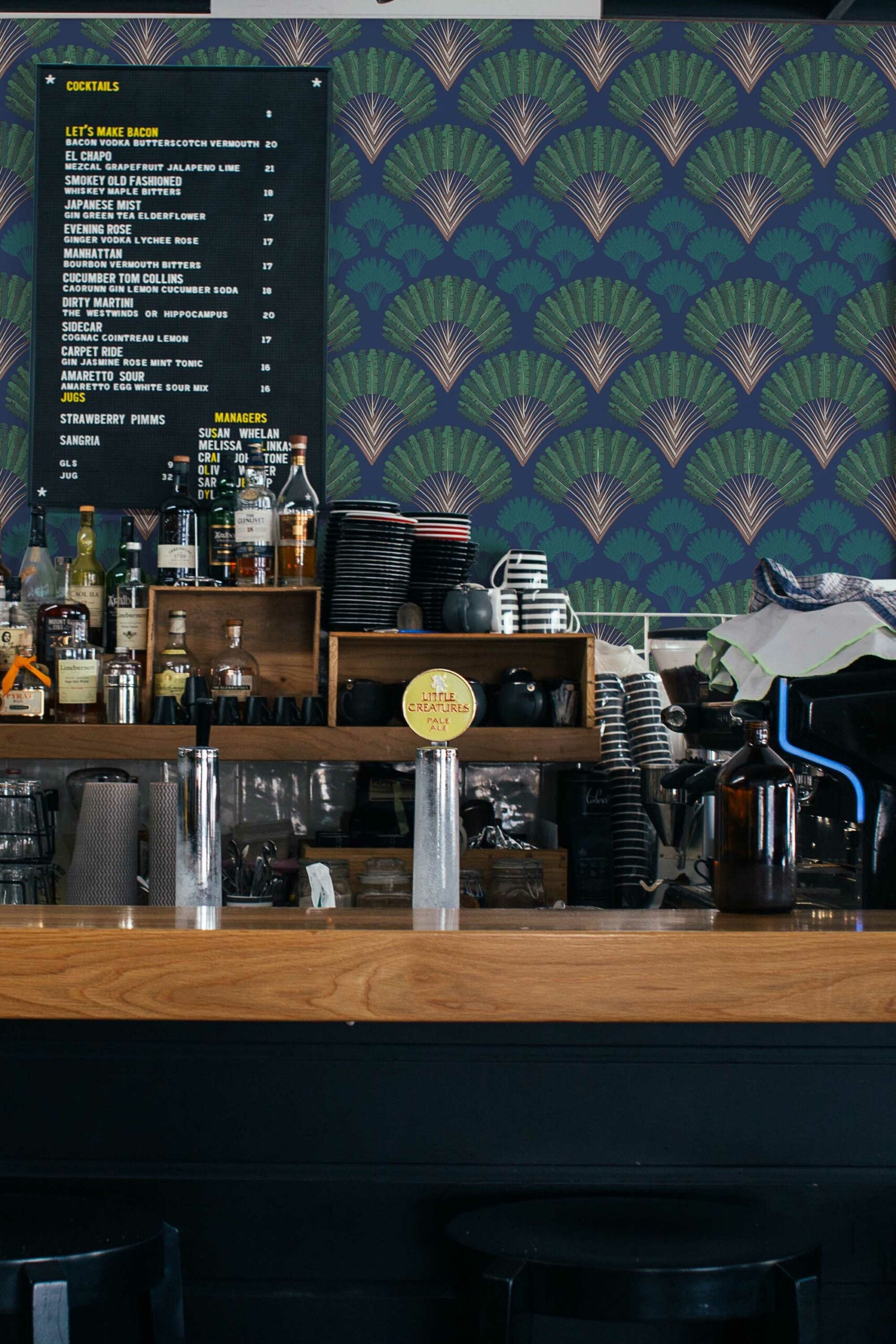 Blue Art Deco Palm wallpaper, peel and stick wallpaper, wallpaper for bars