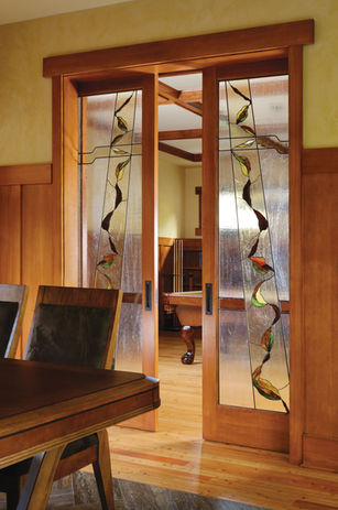 stained glass dining room pocket door, pacific northwest pocket door, wood pocket door, stile and rail wood pocket door