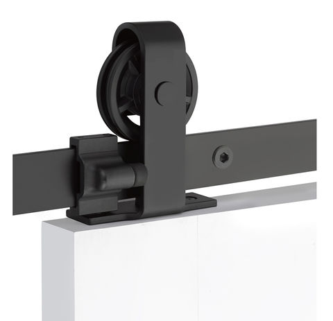 black barn door hardware, barn door wheel and rail closeup
