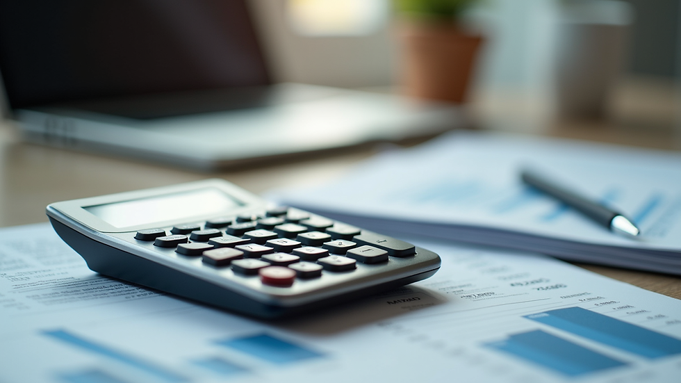 Eye-level view of a calculator and financial documents on a desk