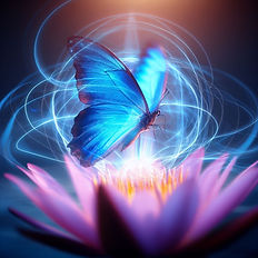 Blue butterfly emerging from radiant lotus—symbolizing spiritual transformation and inner clarity through energy healing