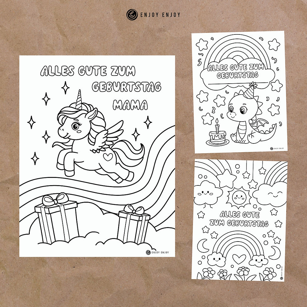 German birthday coloring pages – printable set with hand-drawn designs for family and loved ones