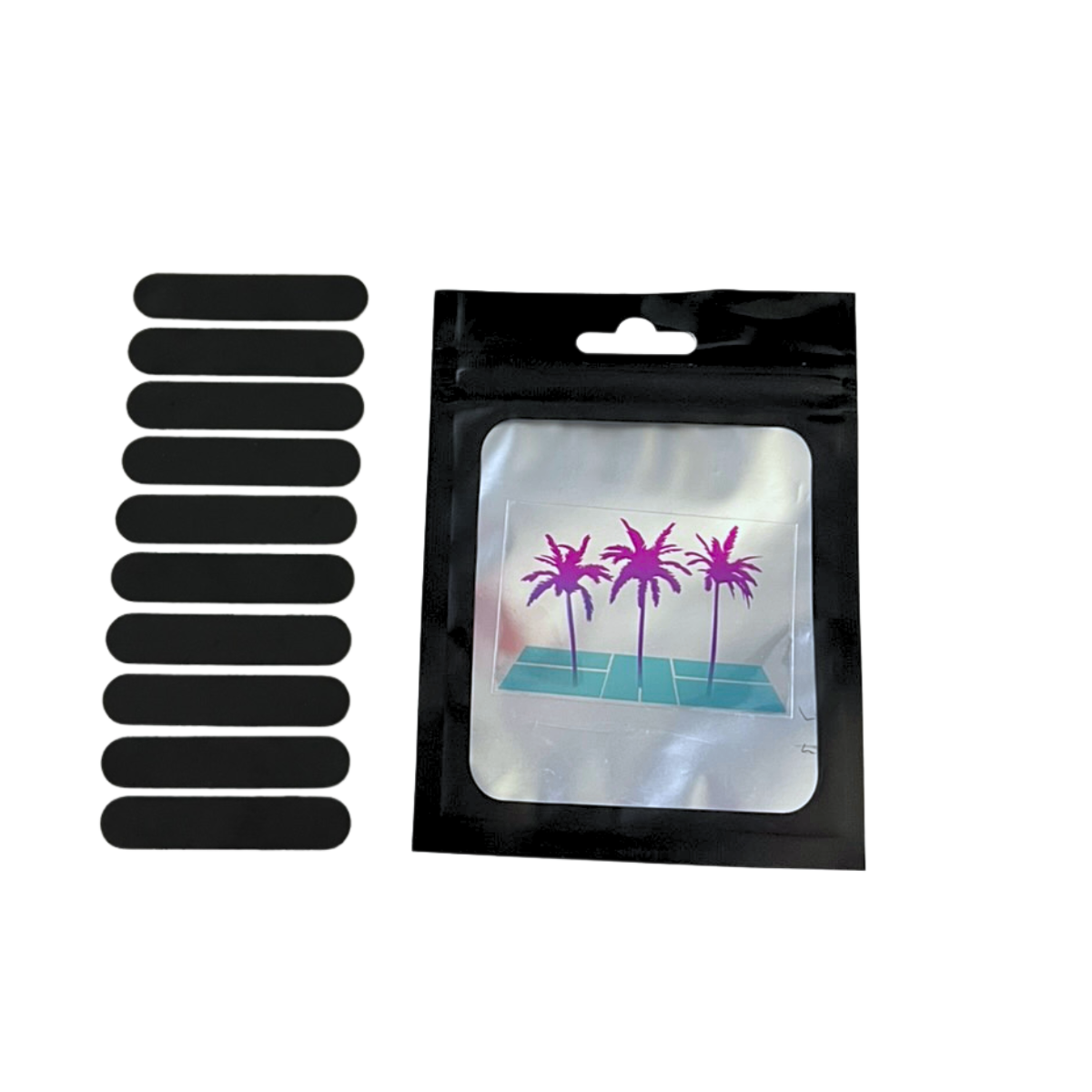 black 3G weighted lead tape strips from Miami Paddles, displayed beside their packaging featuring the brand's iconic neon palm tree logo in on a clear window, designed to enhance pickleball paddle balance and swing weight.
