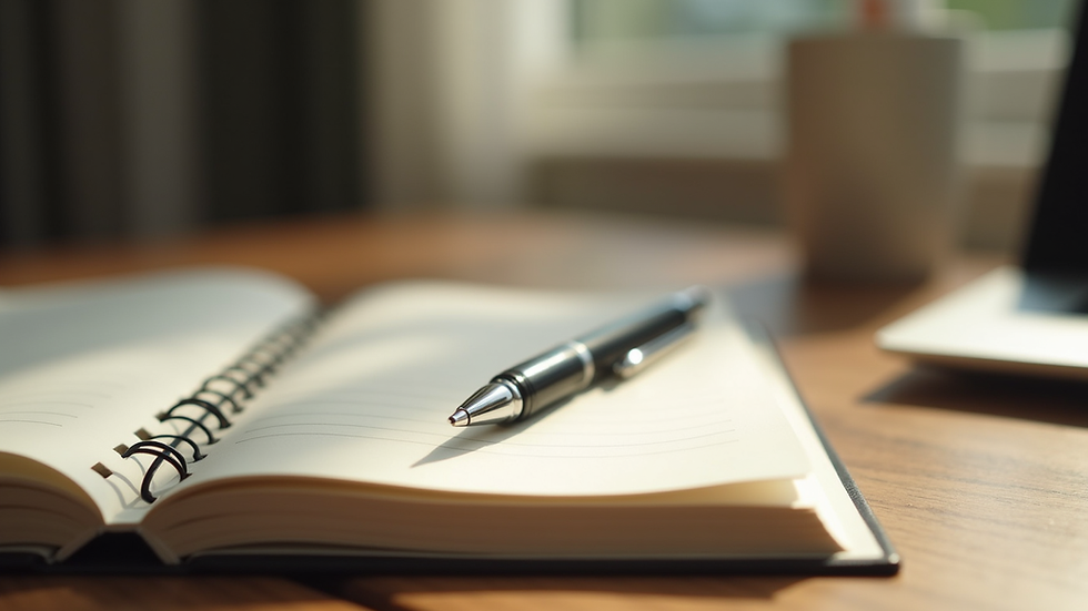 Close-up view of a journal and pen on a wooden table with soft natural light