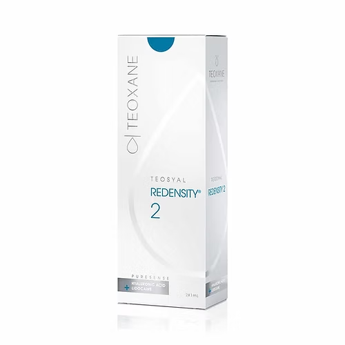 TEOSYAL® PURESENSE REDENSITY 2 dermal filler syringe with ultra-smooth HA gel for natural skin redensification. Ideal for under-eyes, cheeks, and hydration.