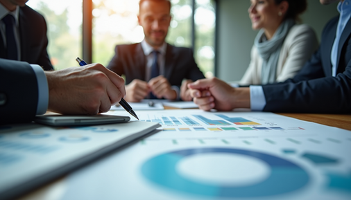 Business valuation meeting with charts and graphs