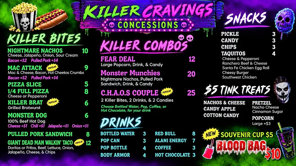 Neon Killer Cravings Concessions Menu best haunted house food indiana