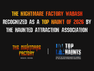 Nightmare Factory Wabash Indiana logo beside Top Haunts 2026 award seal from the Haunted Attraction Association