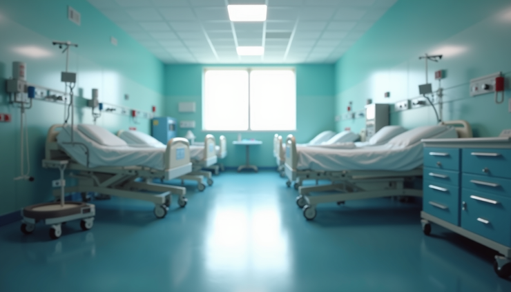 Eye-level view of a hospital ward with nursing equipment and patient beds