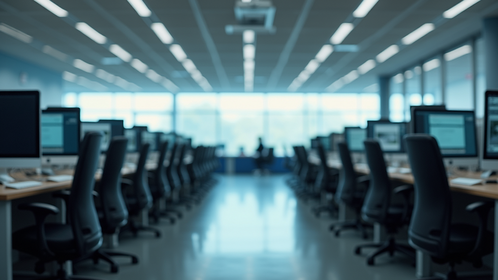 Eye-level view of a modern rail training centre with computers and desks