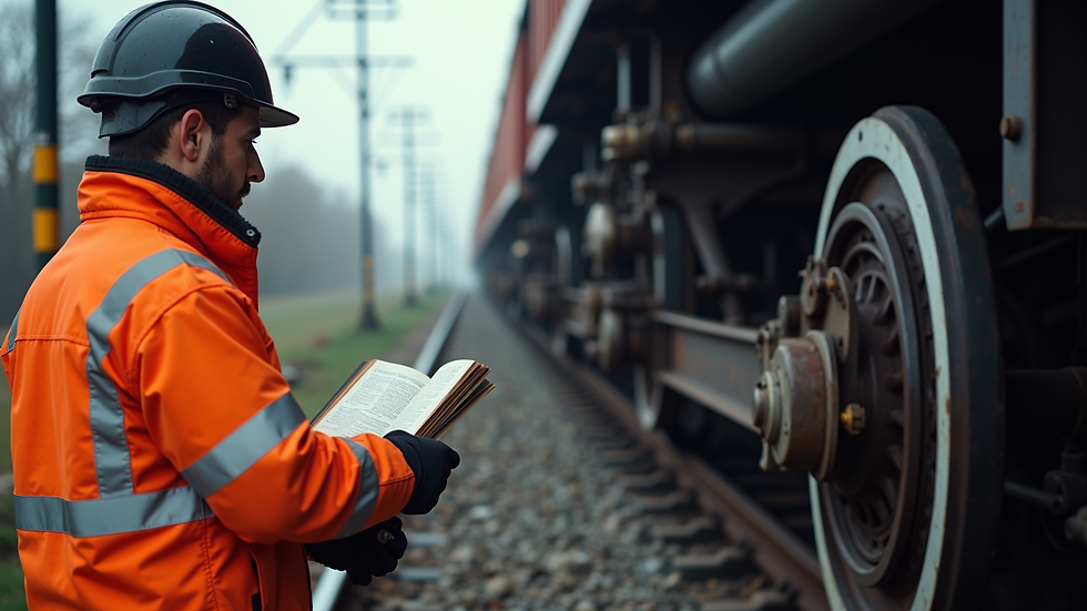 Close-up view of a rail worker wearing a high-visibility jacket inspecting railway equipment