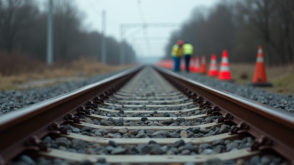 Eye-level view of a railway track with safety cones and workers in the distance