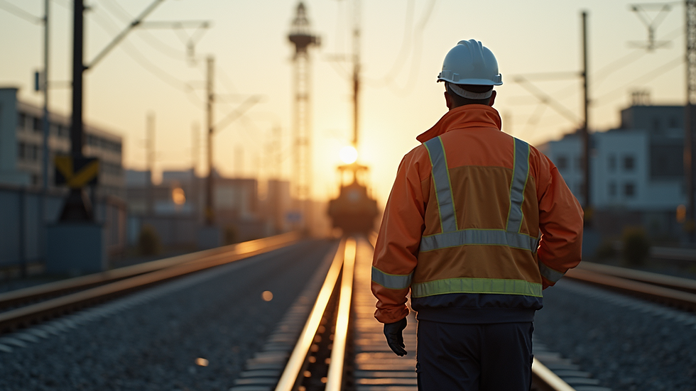 Eye-level view of a banksman directing a crane on a rail worksite