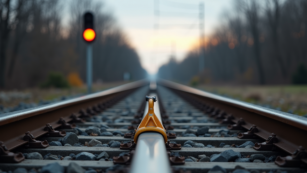 Eye-level view of a railway track with safety signs