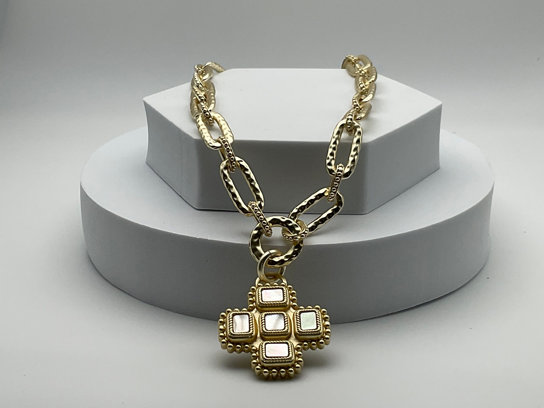 Mother of Pearl Cross Pendant Statement Necklace