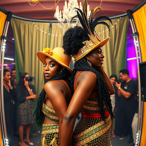 Two women in vibrant hats and patterned outfits stand back-to-back under a chandelier, surrounded by yellow curtains, with onlookers.