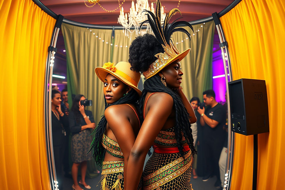 Two women in vibrant hats and patterned outfits stand back-to-back under a chandelier, surrounded by yellow curtains, with onlookers.