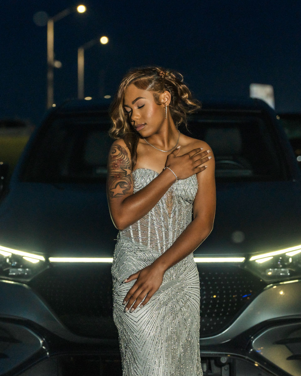 Twilight prom session with Mercedes SUV at lakefront