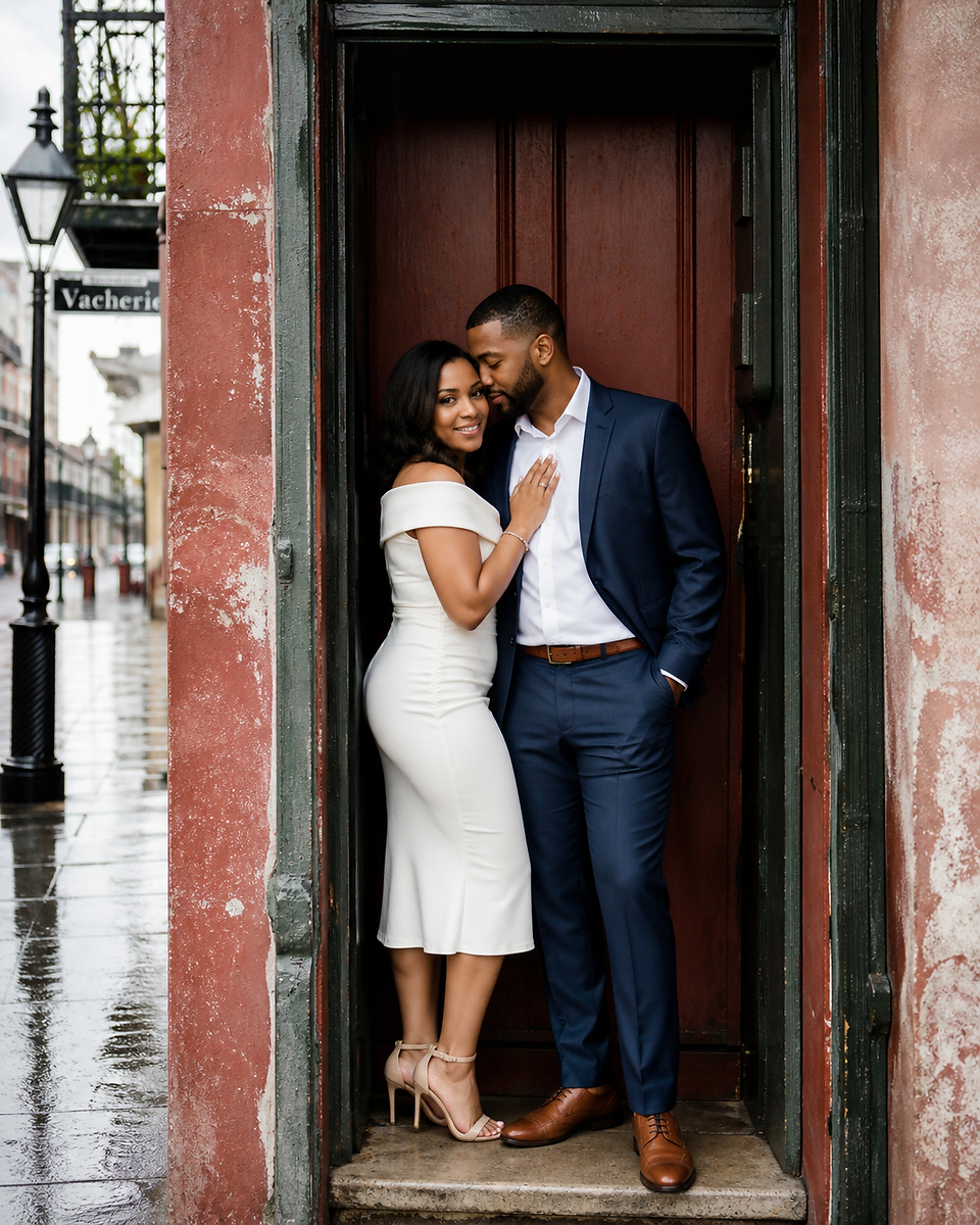 Romantic couple portrait in a recessed New Orleans doorway during light rain with soft natural light and historic architecture framing the pose.