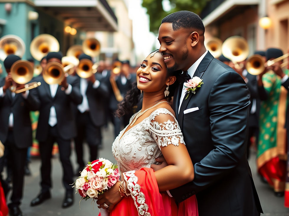 Bride and groom embrace joyfully on a street with a brass band in black suits playing behind them. She holds a colorful bouquet.