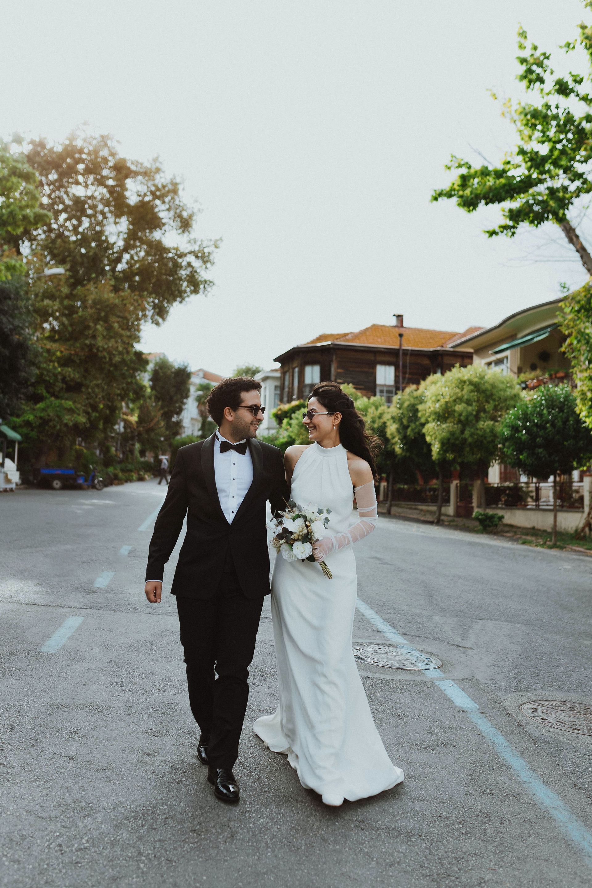 Wedding couple walking towards