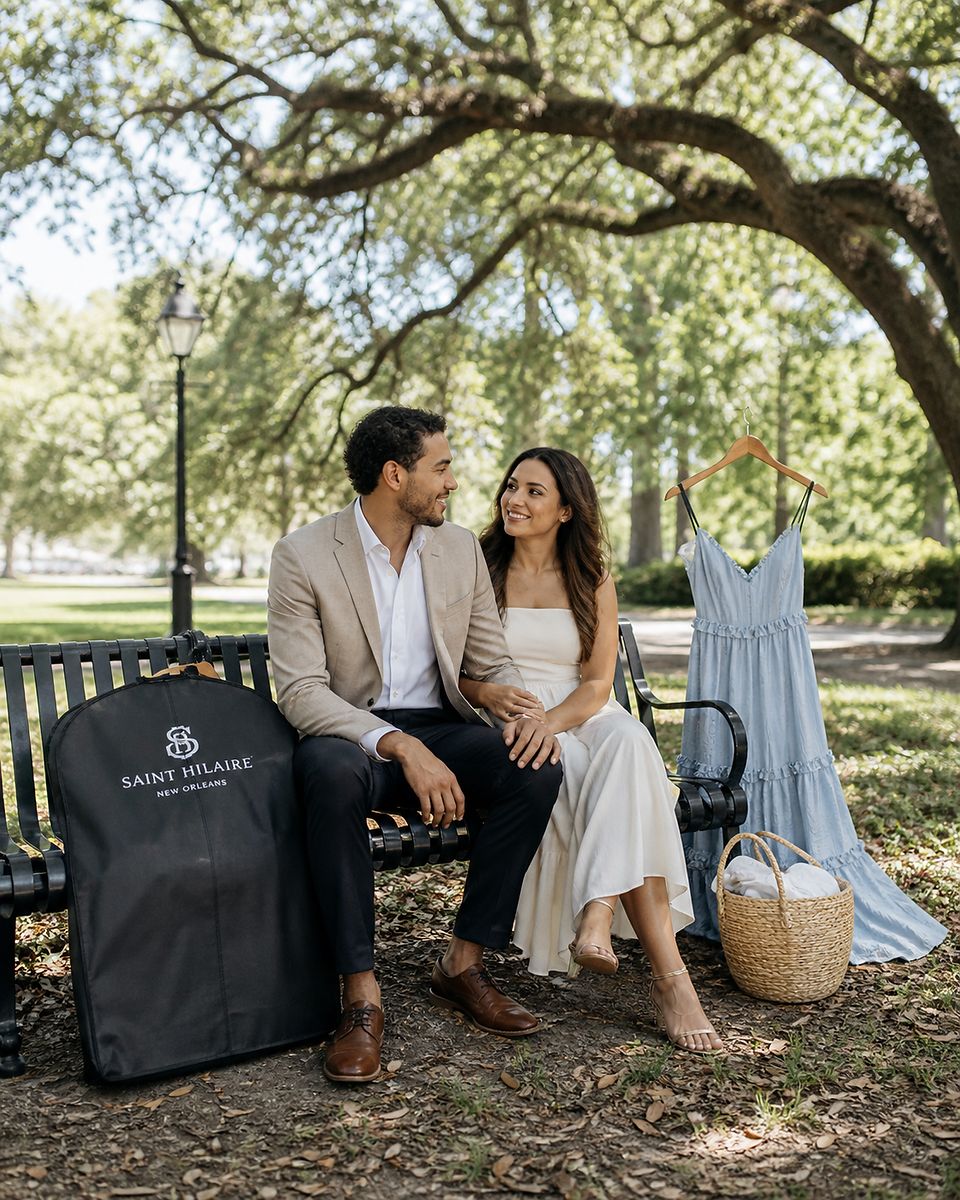 Couple sitting on a park bench in New Orleans City Park with a second outfit option hanging nearby for their engagement photos.