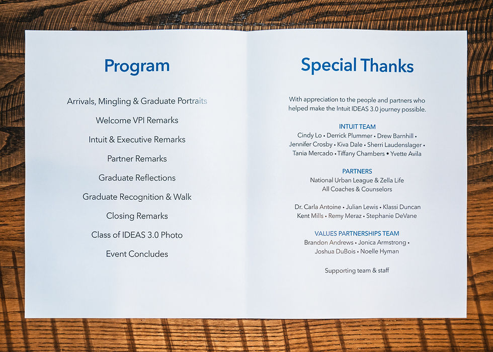 Open event program on wood table showing schedule and Special Thanks for Intuit IDEAS 3.0, with blue headings and names.