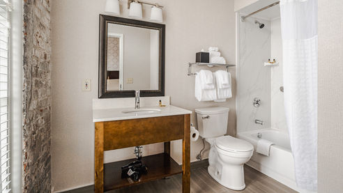 Hotel guest bathroom with vanity, mirror, and shower area