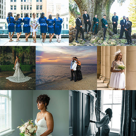 New Orleans wedding photography collage featuring ceremony, portrait, and reception moments
