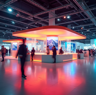 Eye-level view of a colorful trade show booth filled with engaging displays