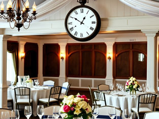 Elegant wedding reception dining room with round tables, white linens, floral centerpieces, and a large clock. Warm lighting and chandeliers create a cozy mood.