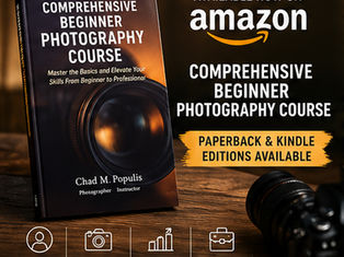 Ad for Comprehensive Beginner Photography Course book by Chad M. Populis, with Amazon and paperback/Kindle text on a dark desk.