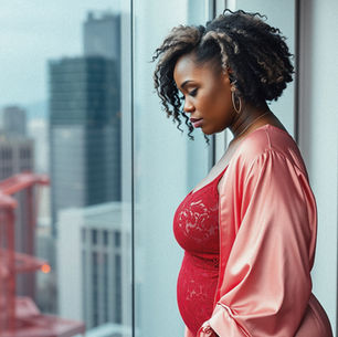 mature black woman in red lace outfit and pink robe gazes out a city window. Skyscrapers in the background. Calm, contemplative mood.
