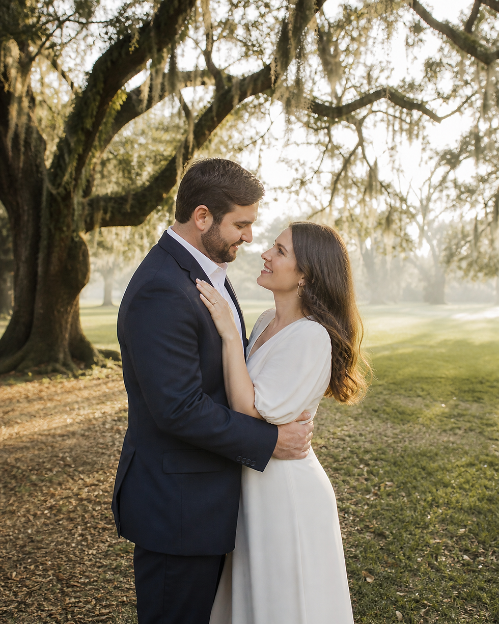 A couple lovingly embraces under a tree in a sunlit park. He's in a dark suit, she's in a white dress. Moss hangs from branches.