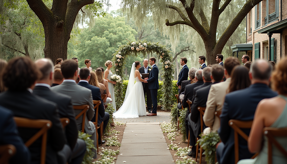Bride and groom exchange vows under a floral arch at an outdoor wedding, with guests seated beneath trees and a brick house nearby.