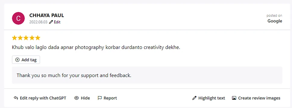 Screenshot of Client's Google Reviews in Google Business Profile, Ranjan KM's Photography, Photographer, Deoghar