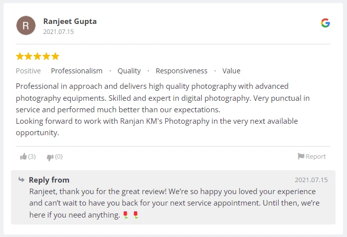 Screenshot of Client's Google Reviews in Google Business Profile, Ranjan KM's Photography, Photographer, Deoghar