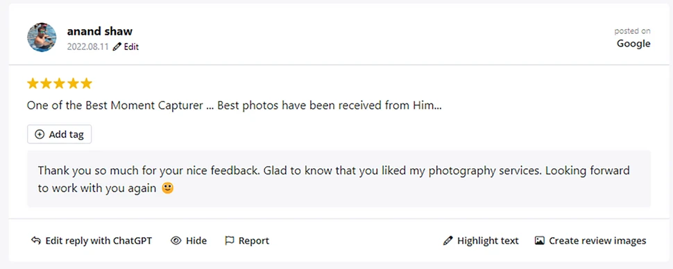 Screenshot of Client's Google Reviews in Google Business Profile, Ranjan KM's Photography, Photographer, Deoghar