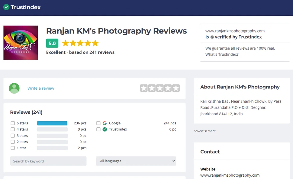 Trustindex Certification of Google Reviews, Ranjan KM's Photography, Photographer, Deoghar