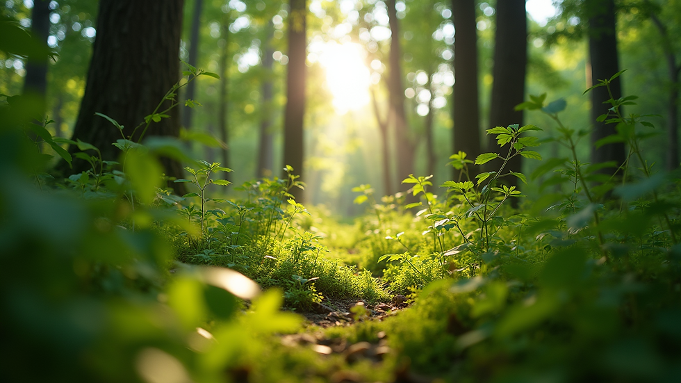 Eye-level view of a lush green forest with sunlight filtering through the leaves