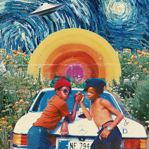 Collage of out of this word image of boys a car and a ufo