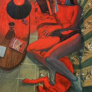Woman reading in red