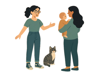 Illustration of a practitioner with glasses and dark hair welcoming a parent holding a baby at the front door of a home clinic, with a cat sitting nearby and a potted plant on the wall shelf.