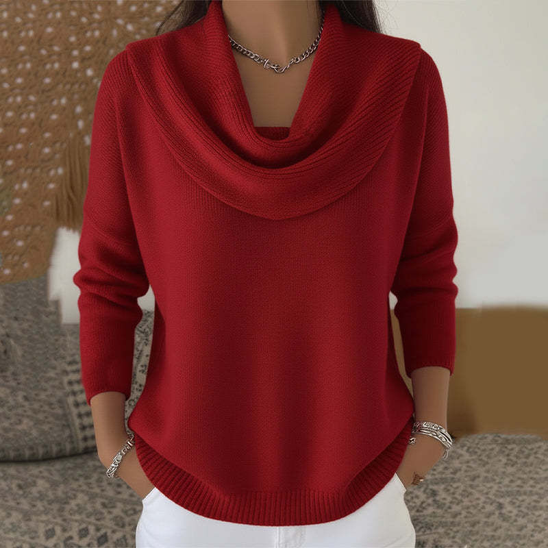 Thumbnail: Women's New Draped Neck Pullover Sweater, Simple & Elegant Round Neck Knit Top, 