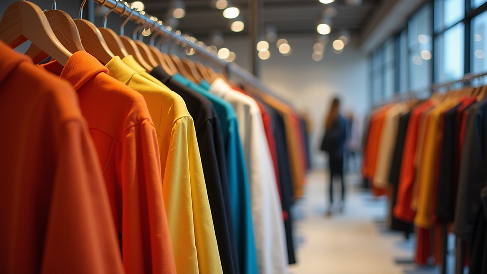 Eye-level view of a clothing display featuring vibrant, high-quality garments