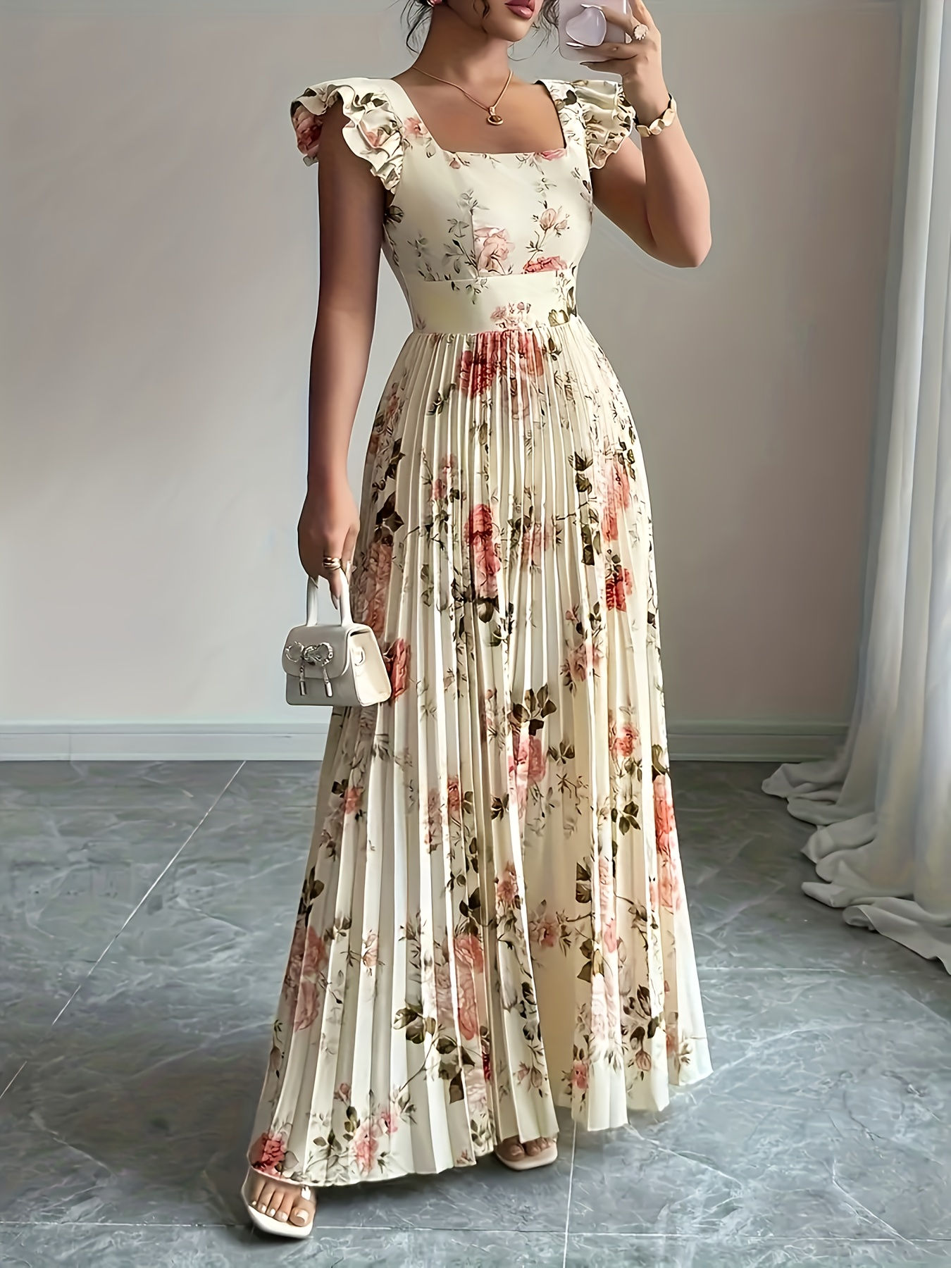 Elegant Beige Floral Pleated Midi Dress with Ruffle Square Neck and Stretch High