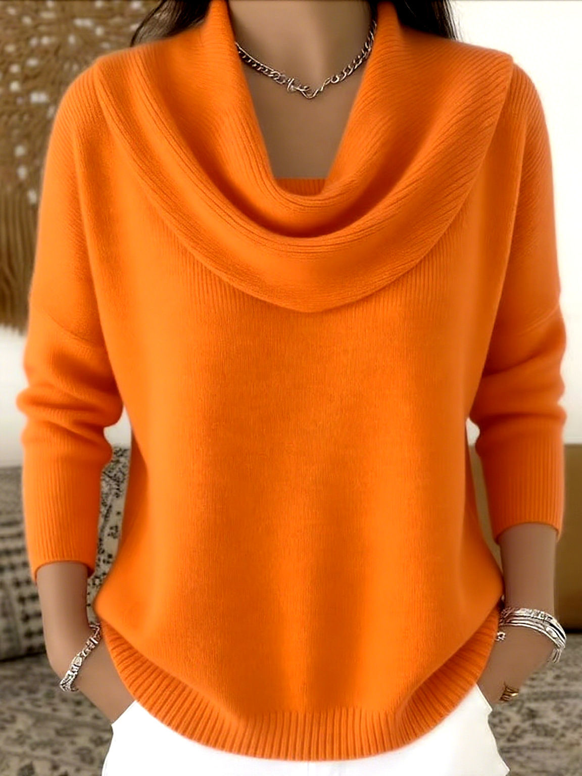Women's New Draped Neck Pullover Sweater, Simple & Elegant Round Neck Knit Top,